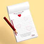 Valentine's Day themed notepad with hearts and a pencil on a beige background
