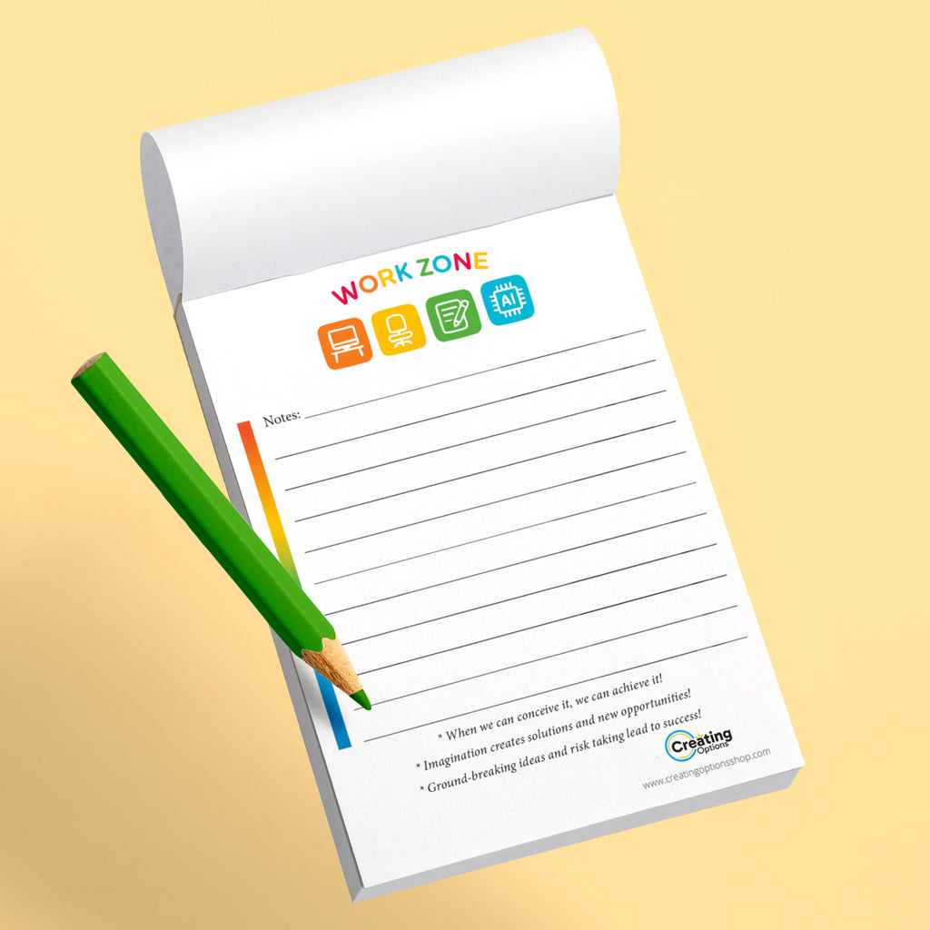 Notepad with 'Workzone' branding and a green pencil on a beige background